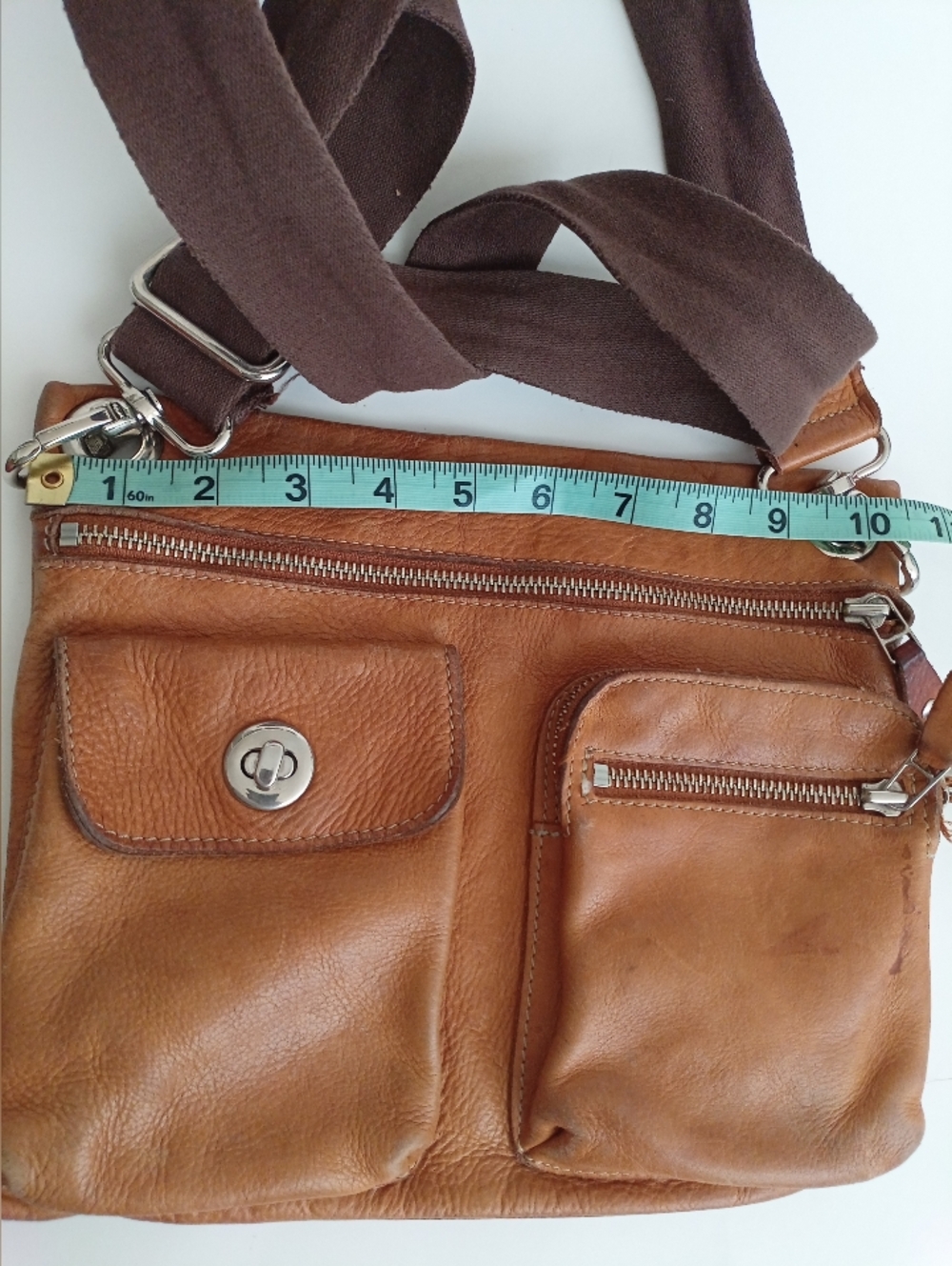 Roots Iconic Village Tribe Leather Embossed Crossbody Adjustable Strap Tan Bag - Picture 5 of 16